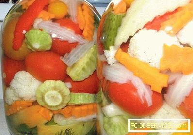 Assorted vegetables for the winter on a 3 liter jar